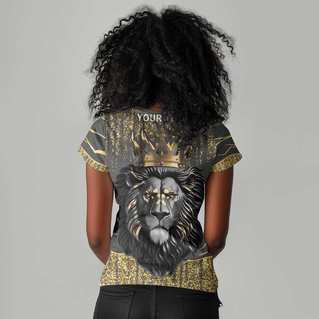 Personalized Black and Gold Lion Africa Women V-Neck T-Shirt