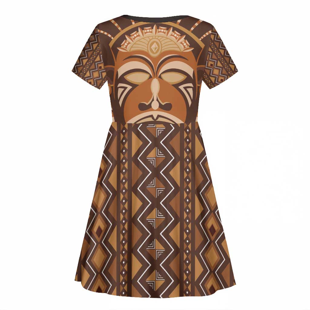 African Mask Printed Mudcloth Kid Short Sleeve Dress Afro Bogolan