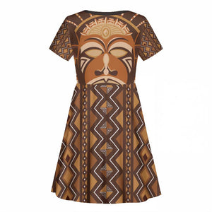African Mask Printed Mudcloth Kid Short Sleeve Dress Afro Bogolan