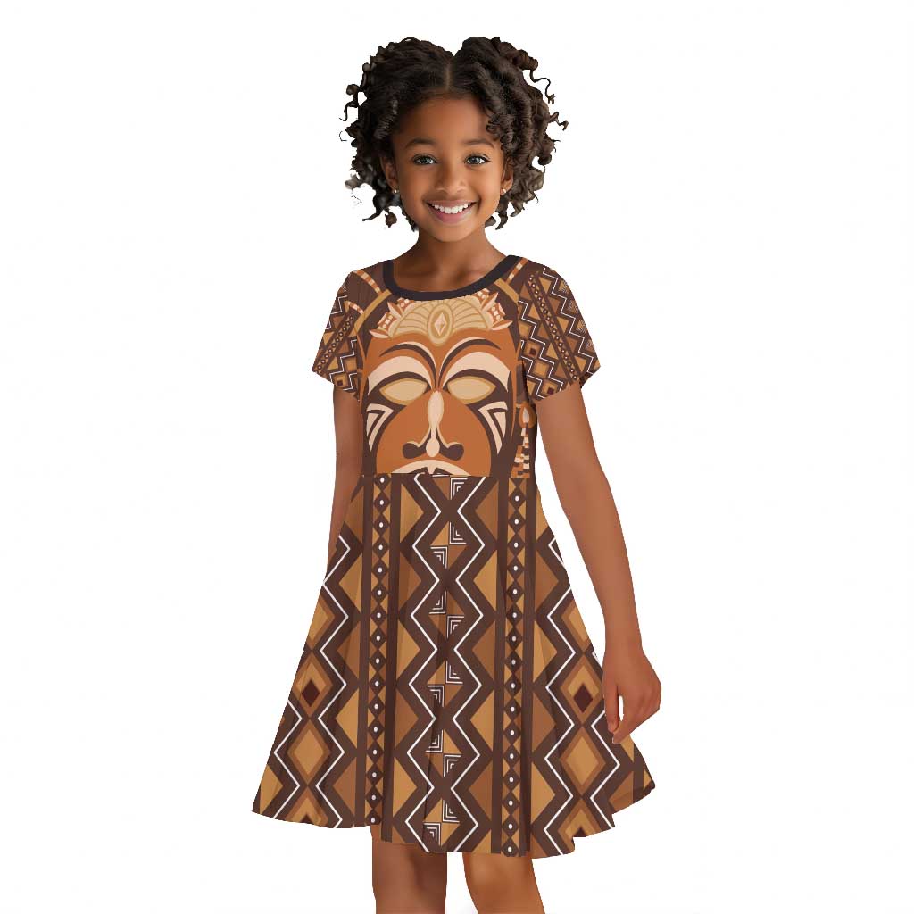 African Mask Printed Mudcloth Kid Short Sleeve Dress Afro Bogolan