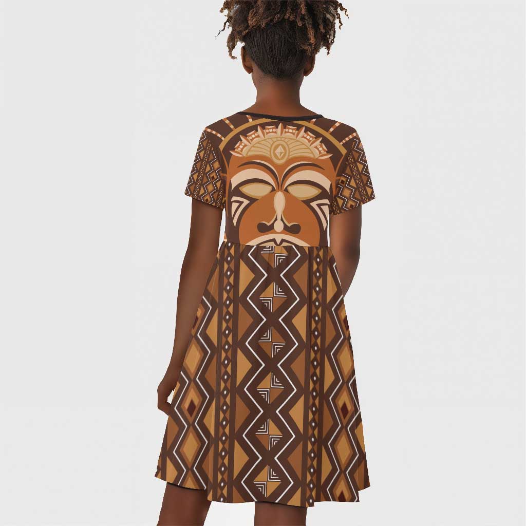African Mask Printed Mudcloth Kid Short Sleeve Dress Afro Bogolan