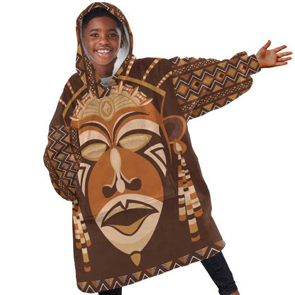 African Mask Printed Mudcloth Kid Wearable Blanket Hoodie Afro Bogolan