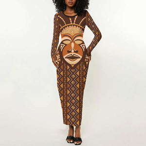 African Mask Printed Mudcloth Long Sleeve Bodycon Dress Afro Bogolan DT03
