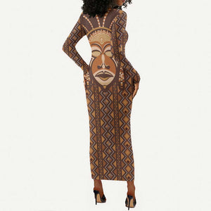 African Mask Printed Mudcloth Long Sleeve Bodycon Dress Afro Bogolan DT03