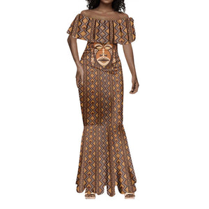 African Mask Printed Mudcloth Mermaid Dress Afro Bogolan