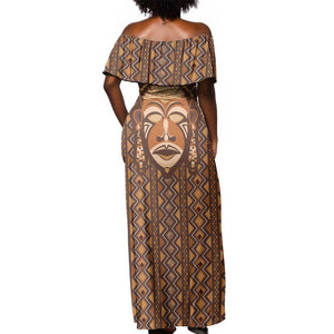 African Mask Printed Mudcloth Off Shoulder Maxi Dress Afro Bogolan