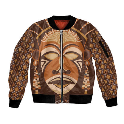 African Mask Printed Mudcloth Sleeve Zip Bomber Jacket Afro Bogolan