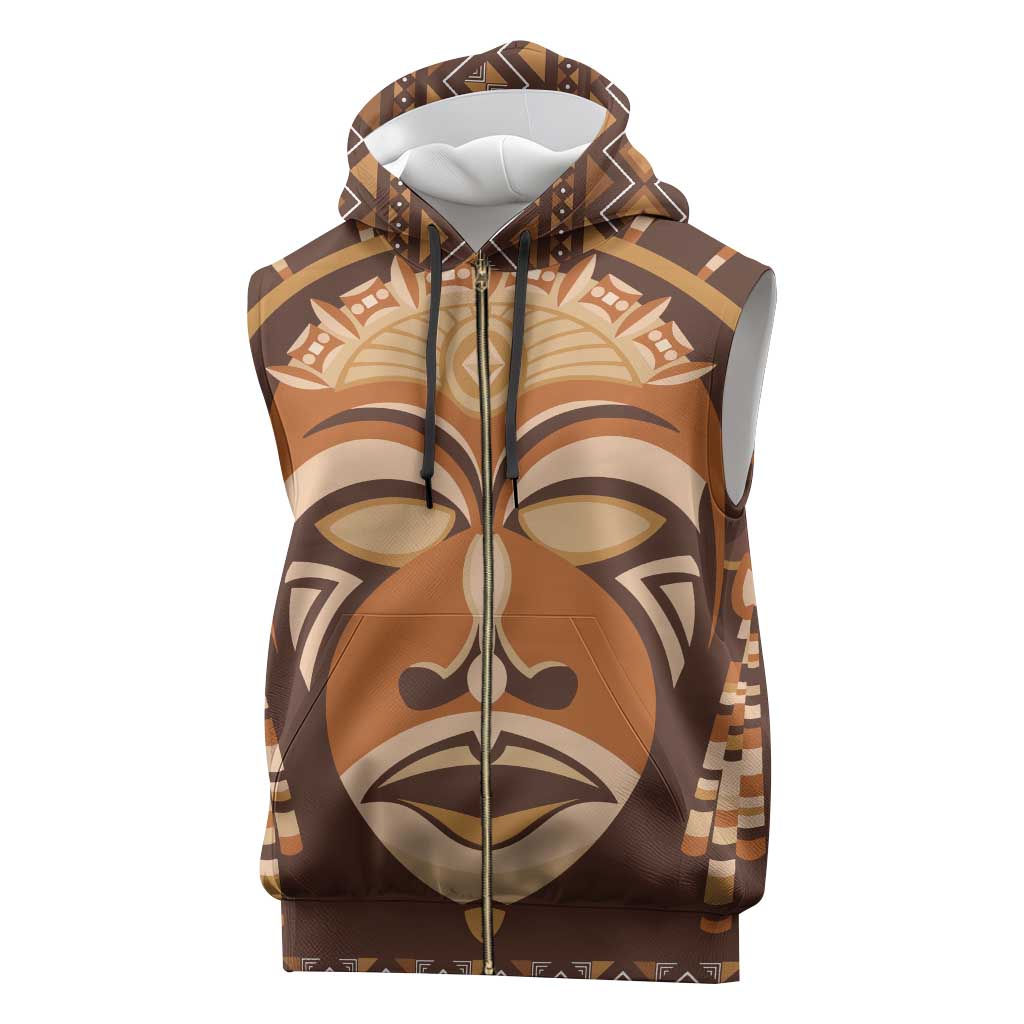 African Mask Printed Mudcloth Sleeveless Zip Hoodie Afro Bogolan - African Pride