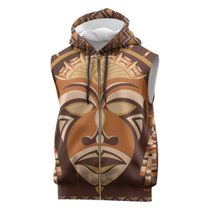 African Mask Printed Mudcloth Sleeveless Zip Hoodie Afro Bogolan - African Pride