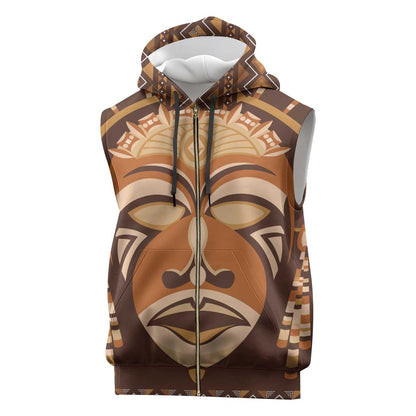 African Mask Printed Mudcloth Sleeveless Zip Hoodie Afro Bogolan - African Pride