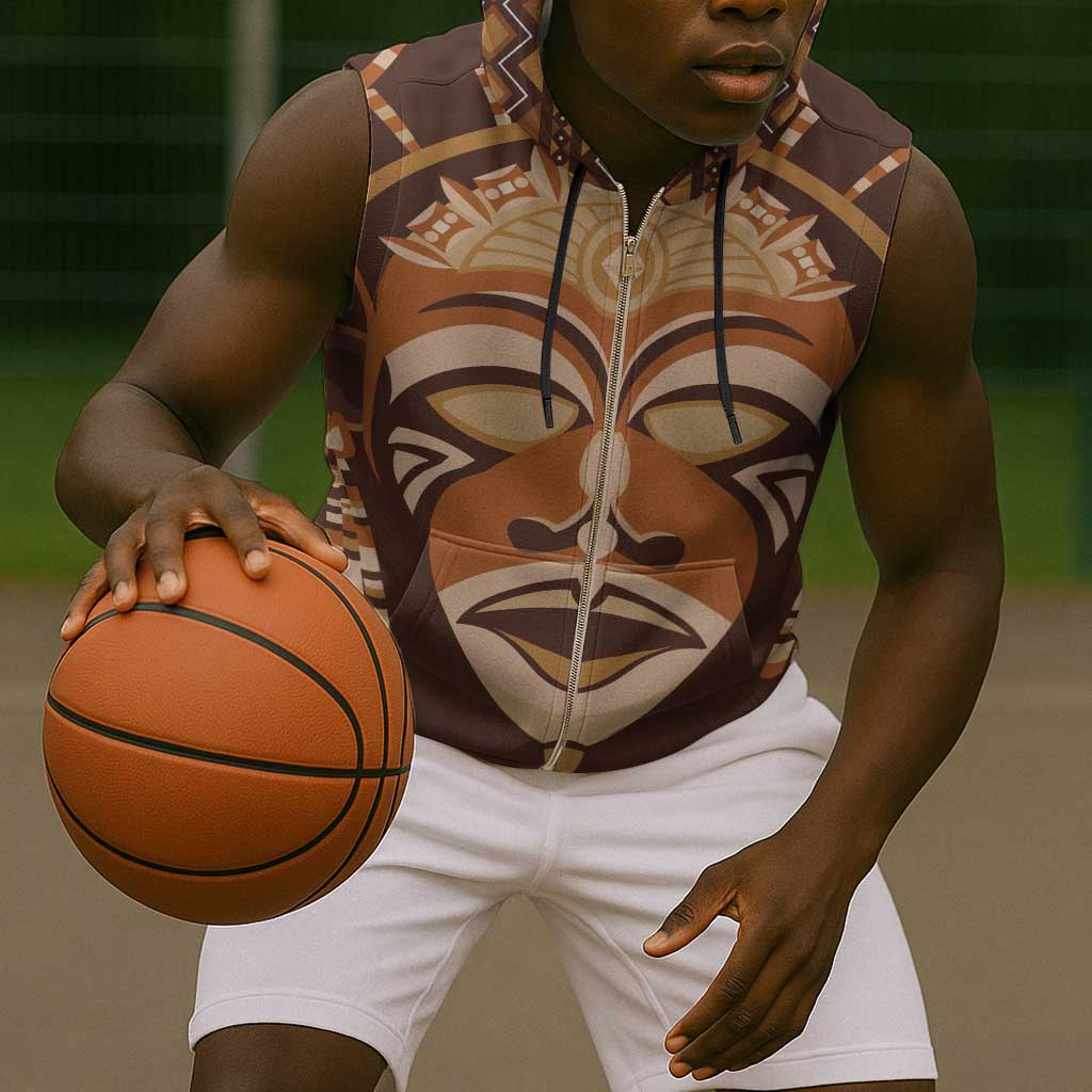 African Mask Printed Mudcloth Sleeveless Zip Hoodie Afro Bogolan - African Pride