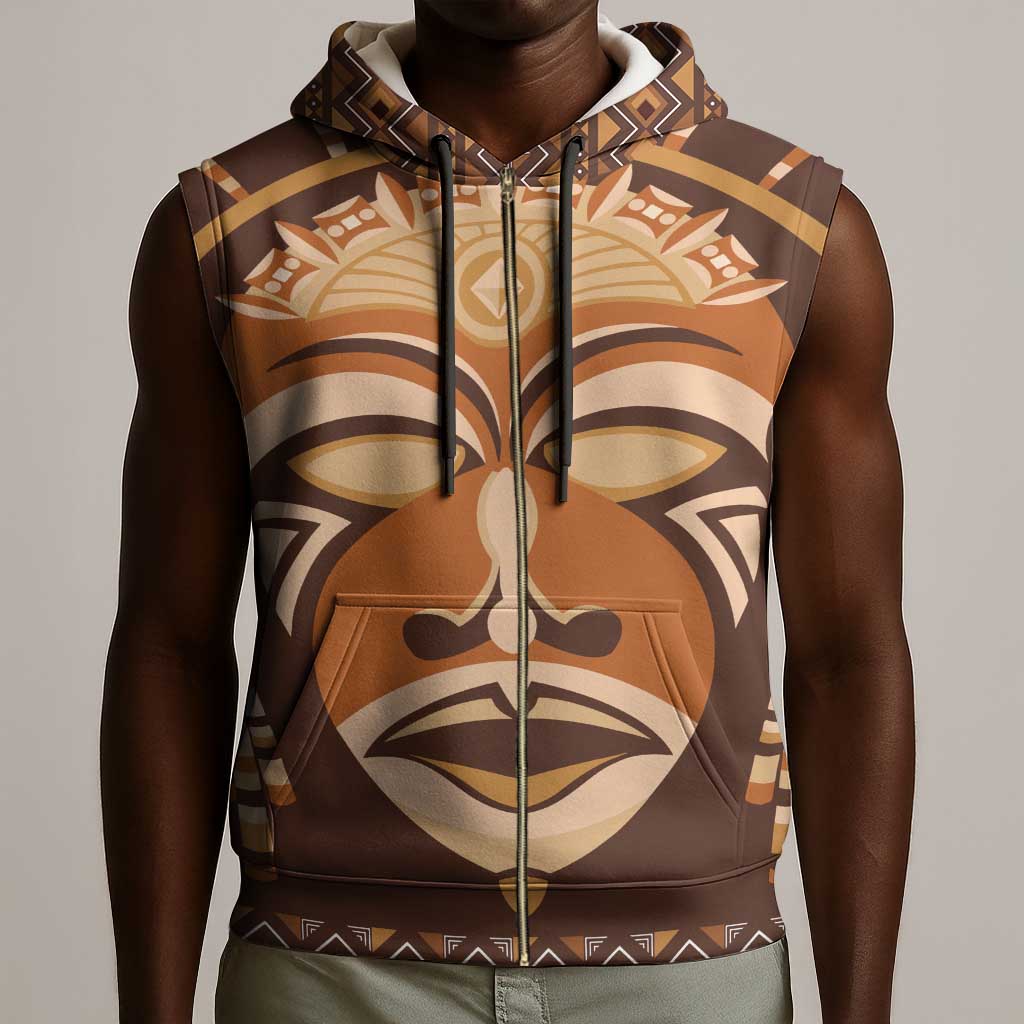 African Mask Printed Mudcloth Sleeveless Zip Hoodie Afro Bogolan - African Pride