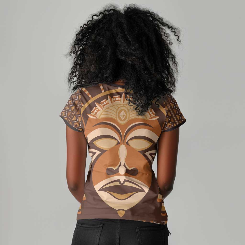 African Mask Printed Mudcloth Women V-Neck T-Shirt Afro Bogolan