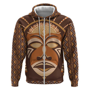 African Mask Printed Mudcloth Zip Hoodie Afro Bogolan