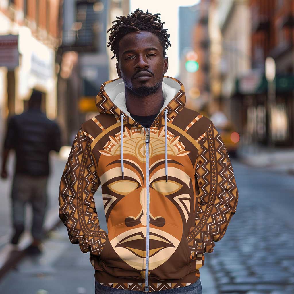 African Mask Printed Mudcloth Zip Hoodie Afro Bogolan