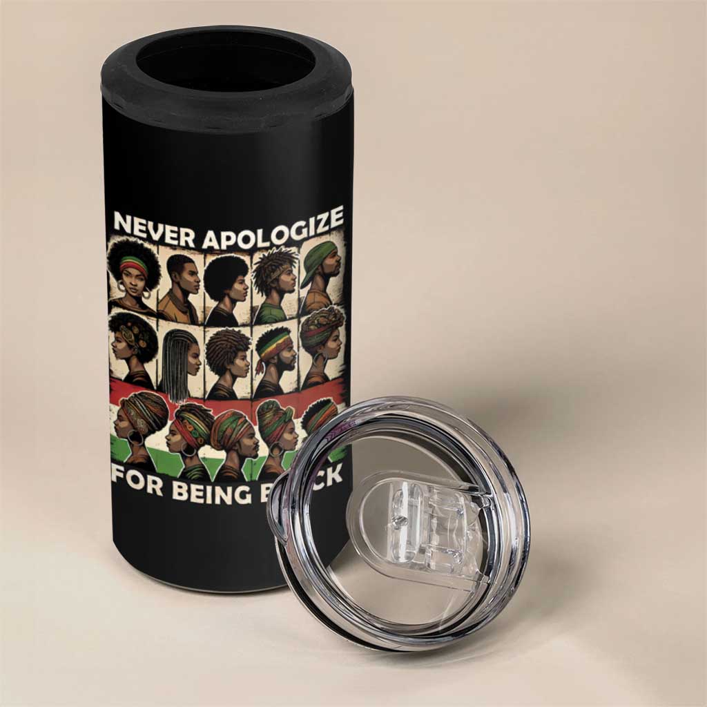 Never Apologize for Being Black 4 in 1 Can Cooler Tumbler African Pride