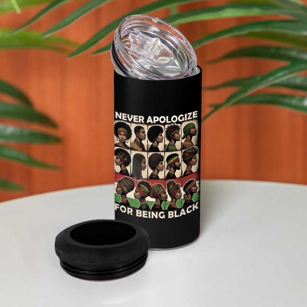 Never Apologize for Being Black 4 in 1 Can Cooler Tumbler African Pride