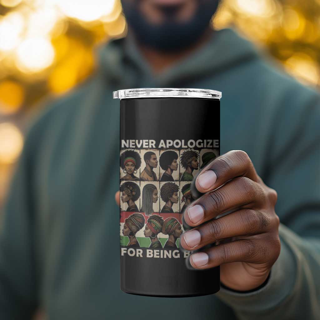 Never Apologize for Being Black 4 in 1 Can Cooler Tumbler African Pride