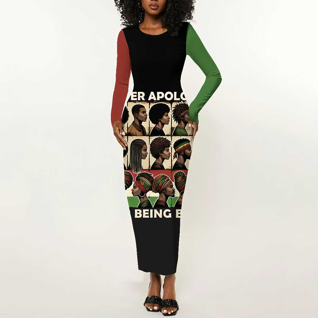 Never Apologize for Being Black Long Sleeve Bodycon Dress African Pride DT03