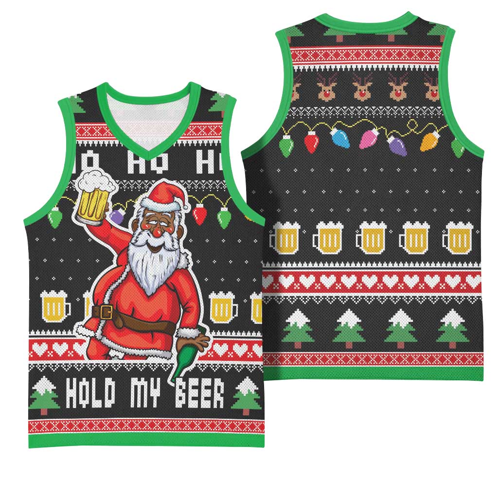 Ho Ho Ho Hold My Beer Santa Afro Basketball Jersey Christmas Beer - African Pride