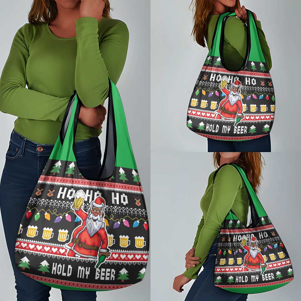 Ho Ho Ho Hold My Beer Santa Afro Grocery Bag Christmas Beer