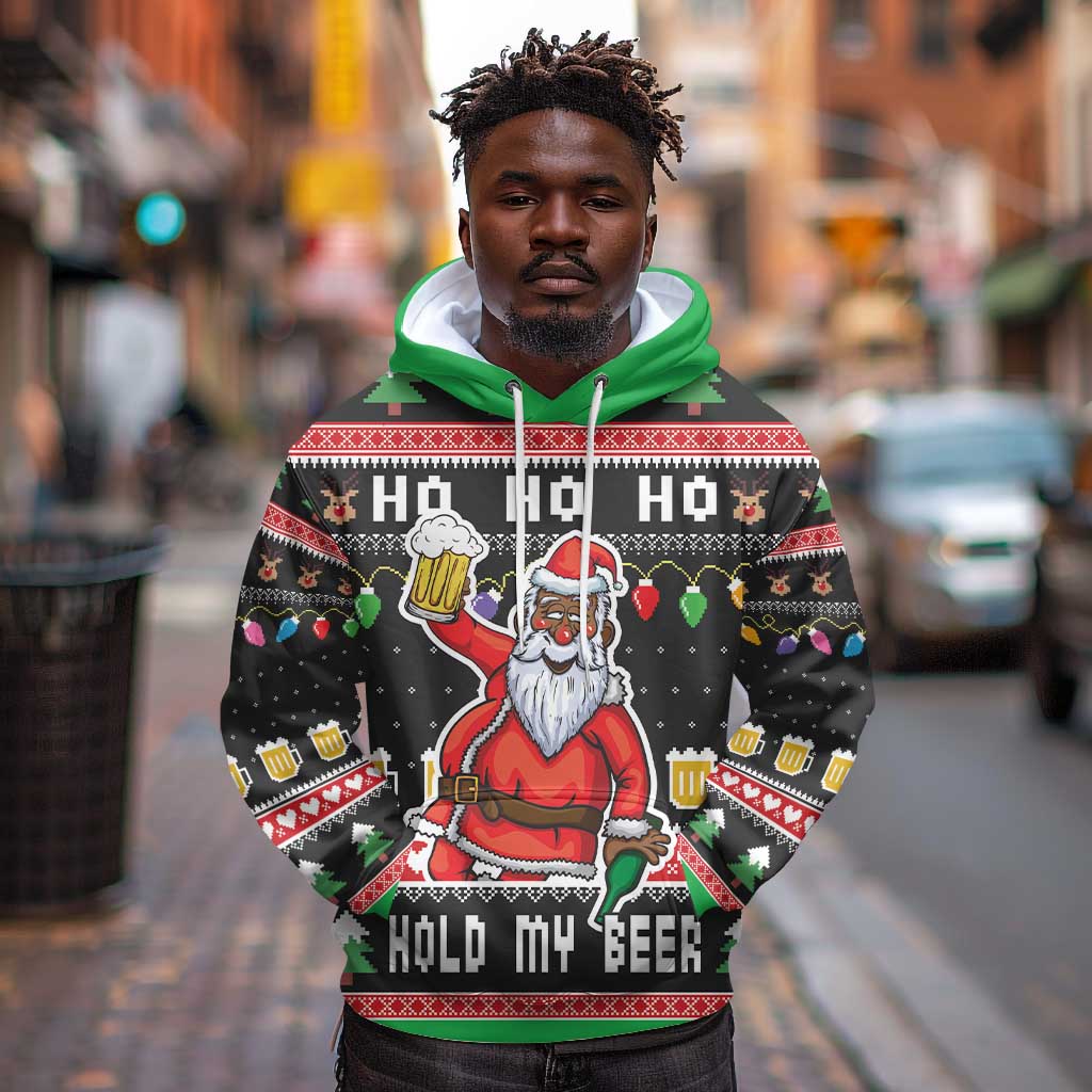 Ho Ho Ho Hold My Beer Santa Afro Hoodie Christmas Beer