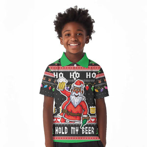 Ho Ho Ho Hold My Beer Santa Afro Kid Polo Shirt Christmas Beer