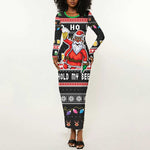 Ho Ho Ho Hold My Beer Santa Afro Long Sleeve Bodycon Dress Christmas Beer DT03