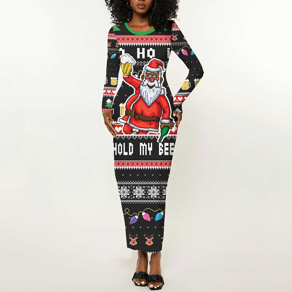 Ho Ho Ho Hold My Beer Santa Afro Long Sleeve Bodycon Dress Christmas Beer DT03
