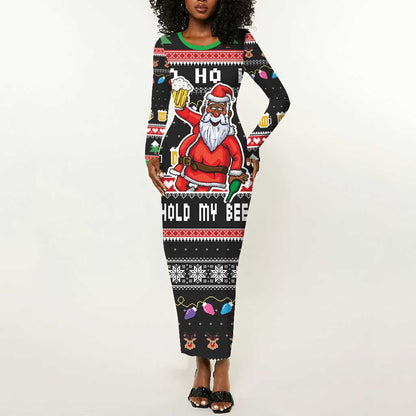 Ho Ho Ho Hold My Beer Santa Afro Long Sleeve Bodycon Dress Christmas Beer DT03