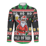 Ho Ho Ho Hold My Beer Santa Afro Long Sleeve Button Shirt Christmas Beer