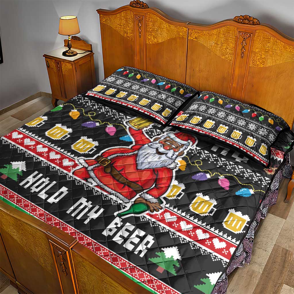 Ho Ho Ho Hold My Beer Santa Afro Quilt Bed Set Christmas Beer