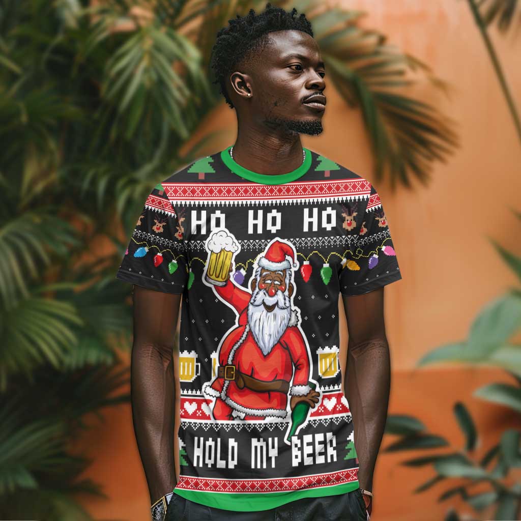 Ho Ho Ho Hold My Beer Santa Afro T shirt Christmas Beer