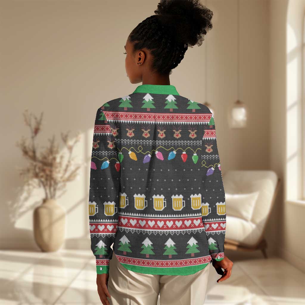 Ho Ho Ho Hold My Beer Santa Afro Women Casual Shirt Christmas Beer DT03