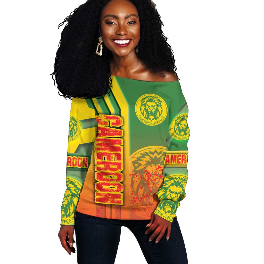 Cameroon Soccer Off Shoulder Sweater Indomitable Lions Football - Road To Champion