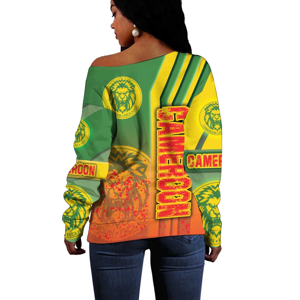 Cameroon Soccer Off Shoulder Sweater Indomitable Lions Football - Road To Champion