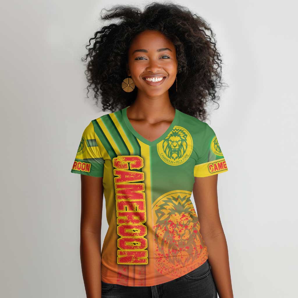 Cameroon Soccer Women V-Neck T-Shirt Indomitable Lions Football - Road To Champion