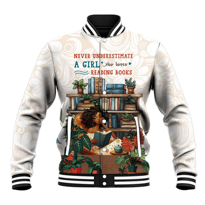 Never Underestimate A Girl Who Loves Reading Books Baseball Jacket African Book Lovers