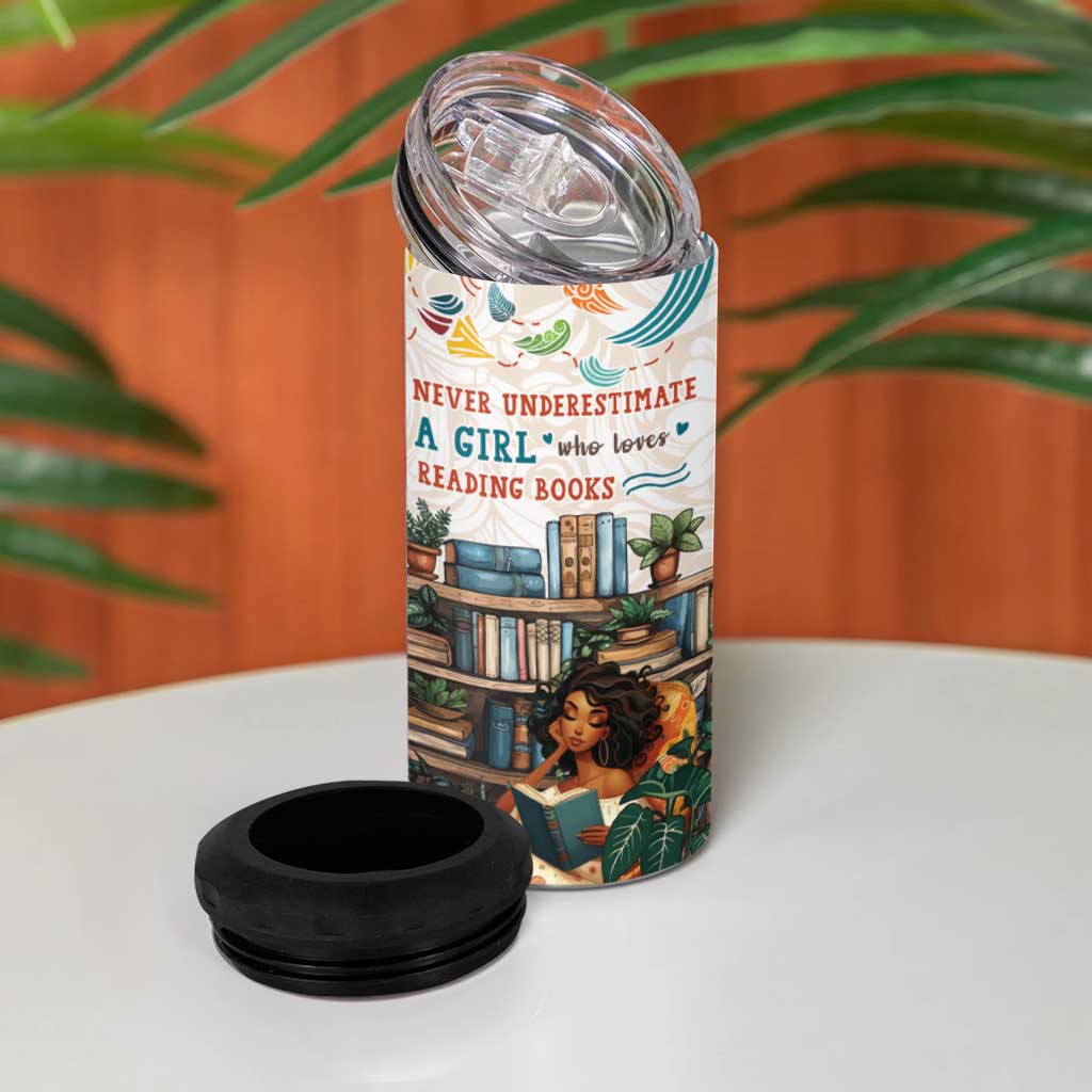 Never Underestimate A Girl Who Loves Reading Books 4 in 1 Can Cooler Tumbler African Book Lovers