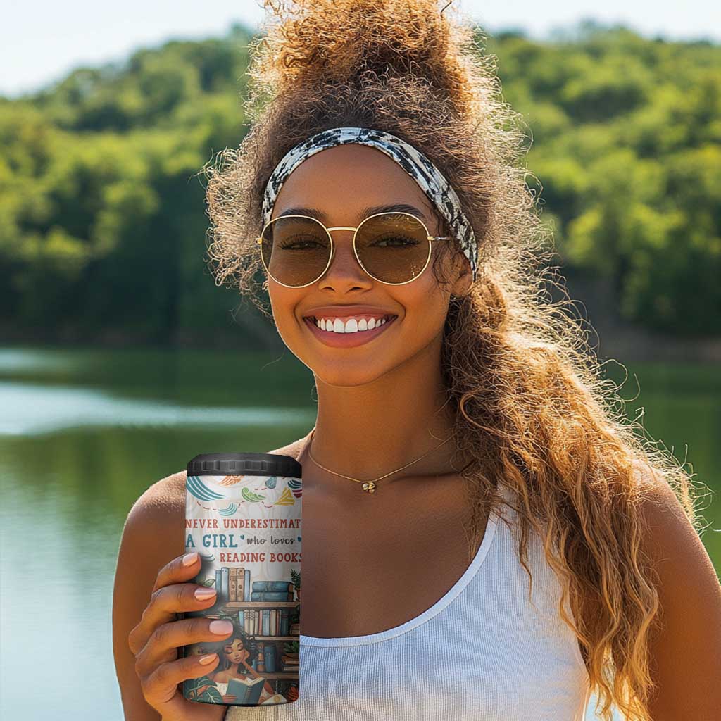 Never Underestimate A Girl Who Loves Reading Books 4 in 1 Can Cooler Tumbler African Book Lovers