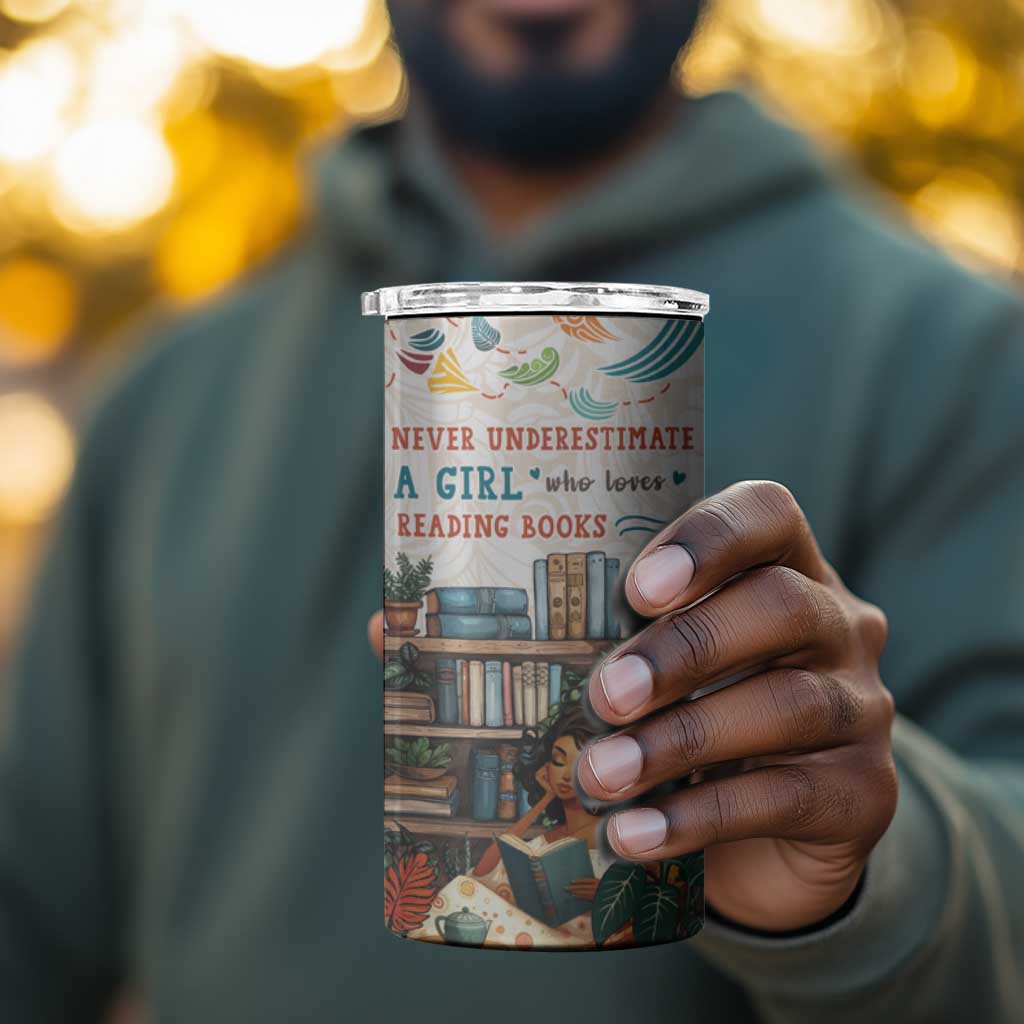 Never Underestimate A Girl Who Loves Reading Books 4 in 1 Can Cooler Tumbler African Book Lovers