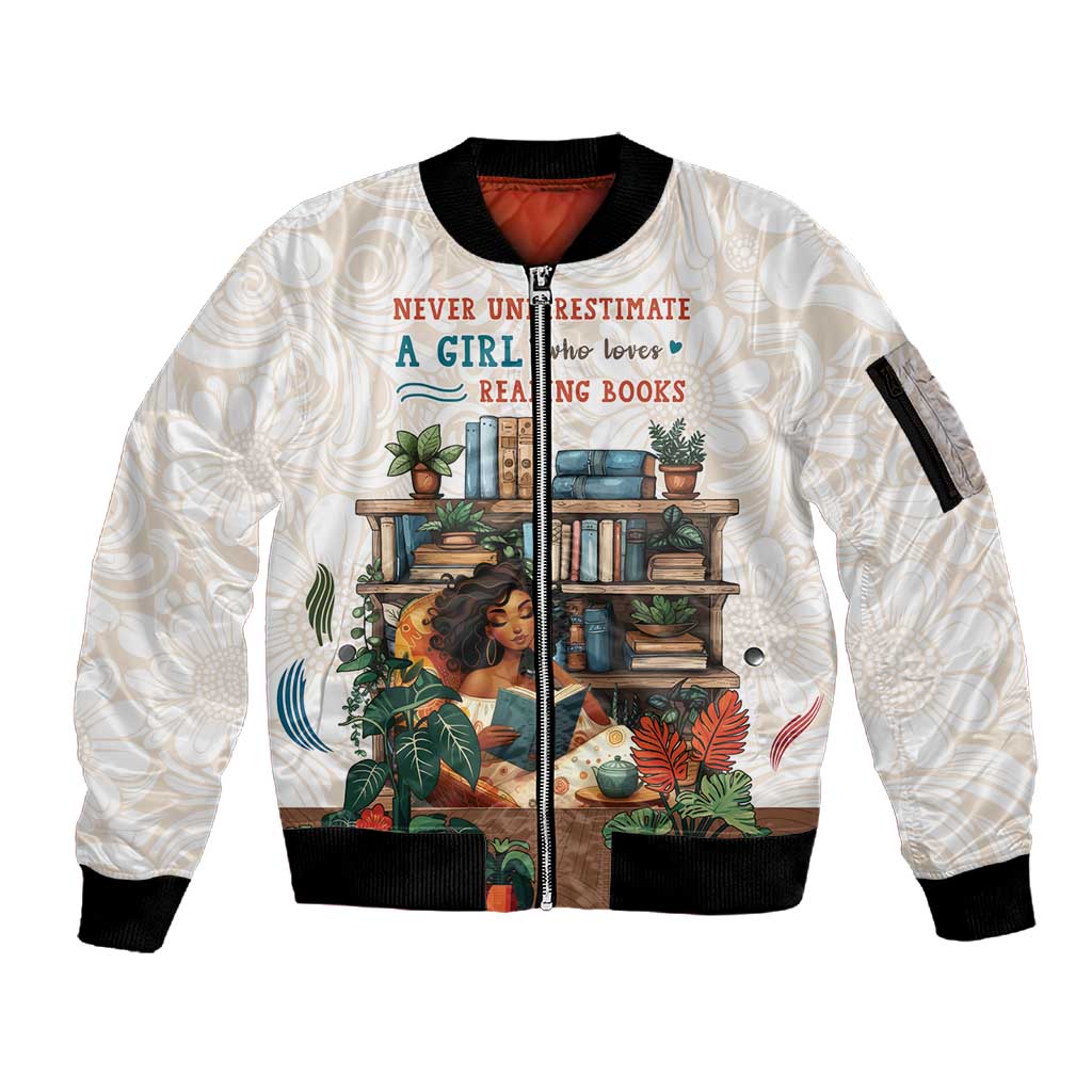 Never Underestimate A Girl Who Loves Reading Books Sleeve Zip Bomber Jacket African Book Lovers