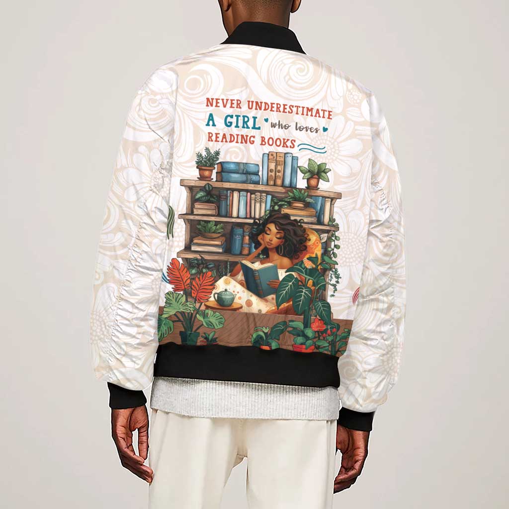 Never Underestimate A Girl Who Loves Reading Books Sleeve Zip Bomber Jacket African Book Lovers