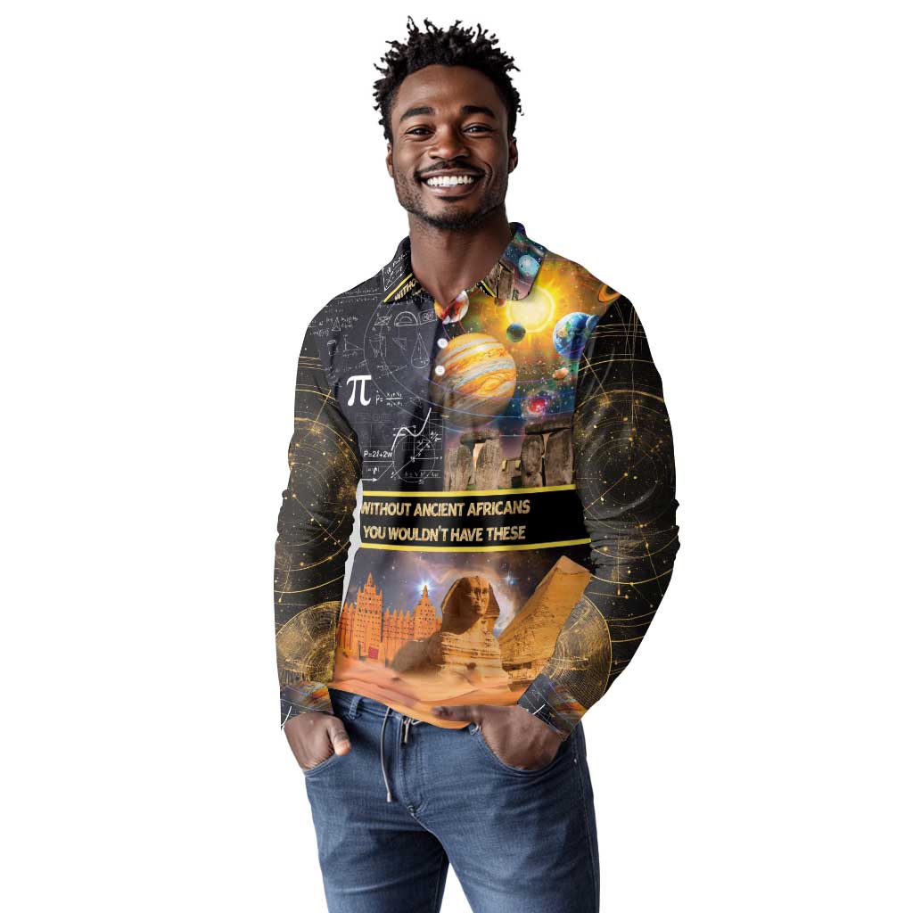 Afro Egyptian Pyramids Long Sleeve Polo Shirt Ancient African Achievements Galaxy
