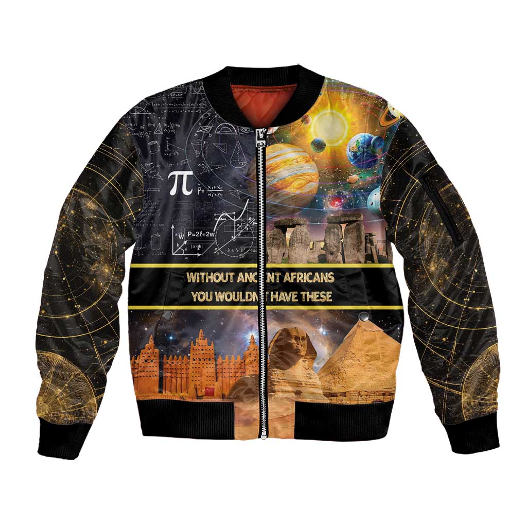 Afro Egyptian Pyramids Sleeve Zip Bomber Jacket Ancient African Achievements Galaxy