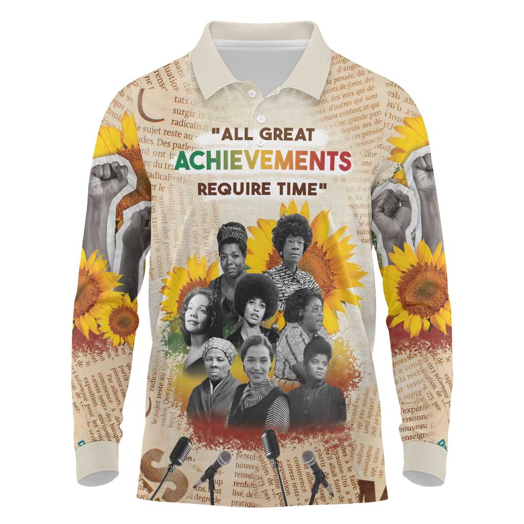 African Achievements Long Sleeve Polo Shirt Civil Rights Female Leaders Sunflower