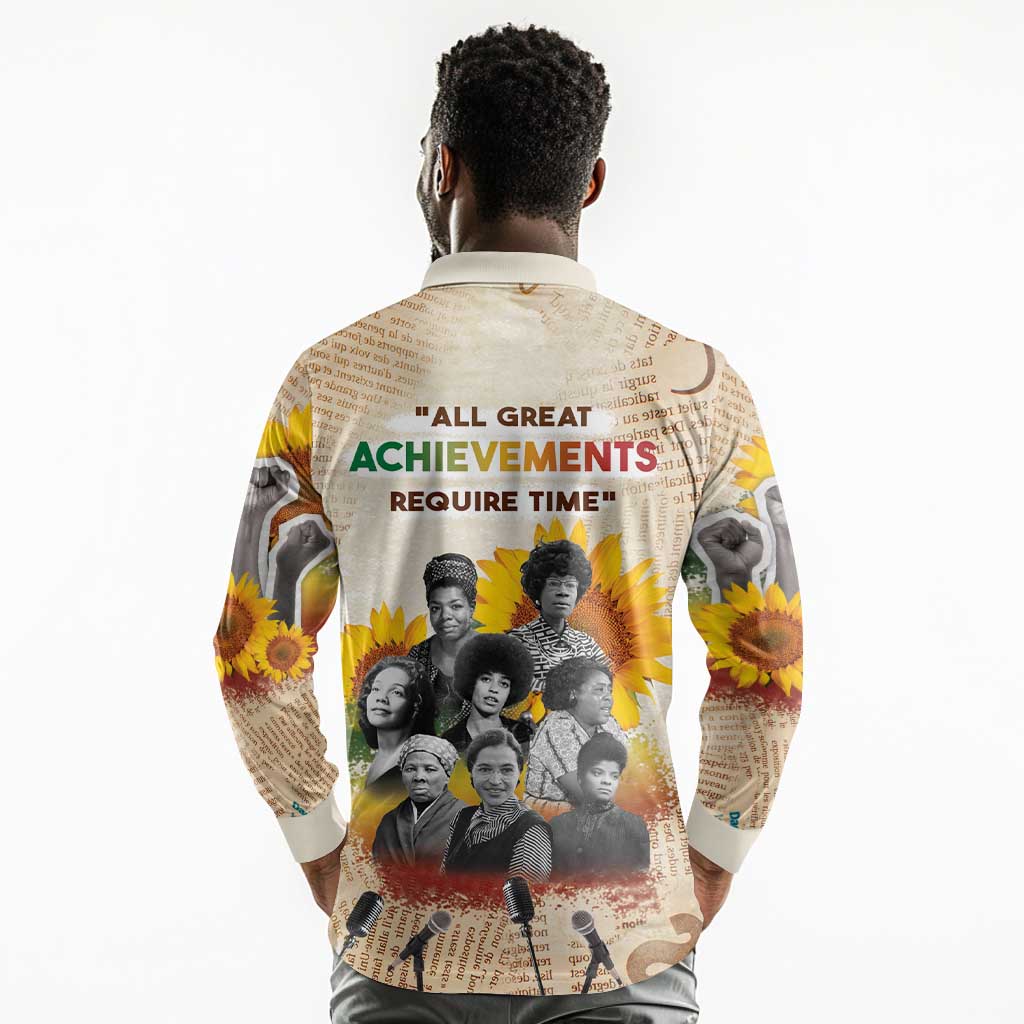 African Achievements Long Sleeve Polo Shirt Civil Rights Female Leaders Sunflower