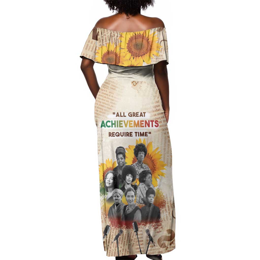 African Achievements Off Shoulder Maxi Dress Civil Rights Female Leaders Sunflower