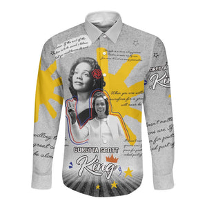 African American Coretta Scott King Long Sleeve Button Shirt Honoring The Legacy Hand Draw Style
