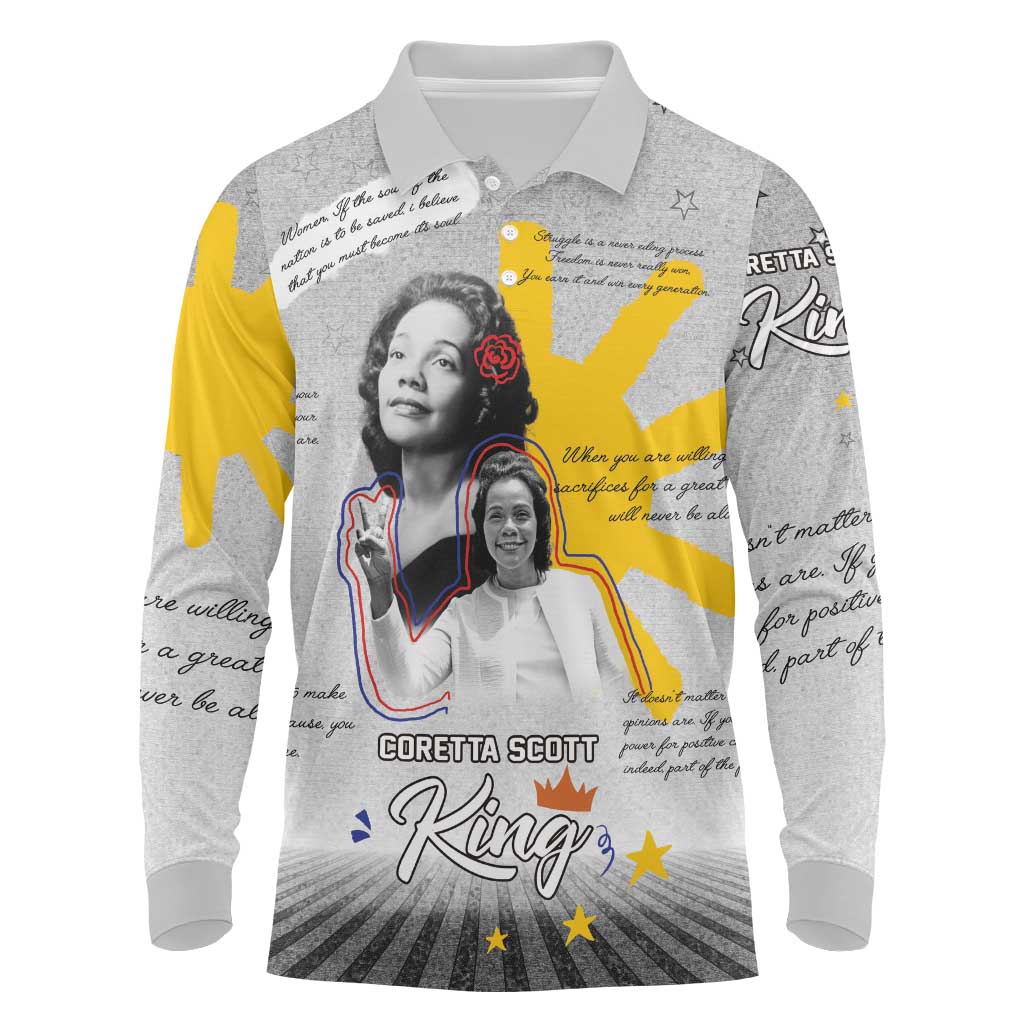 African American Coretta Scott King Long Sleeve Polo Shirt Honoring The Legacy Hand Draw Style